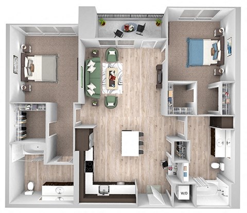 Floor plan for 2 beds, 2 baths, 1091 sqft